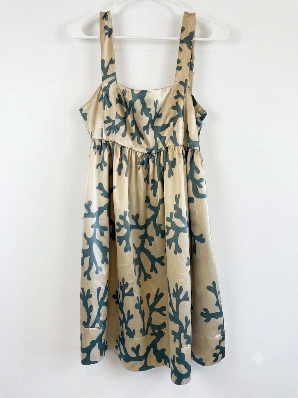 Vertigo Paris Satin Coral Branch Print Babydoll Dress Ivory Teal Size M